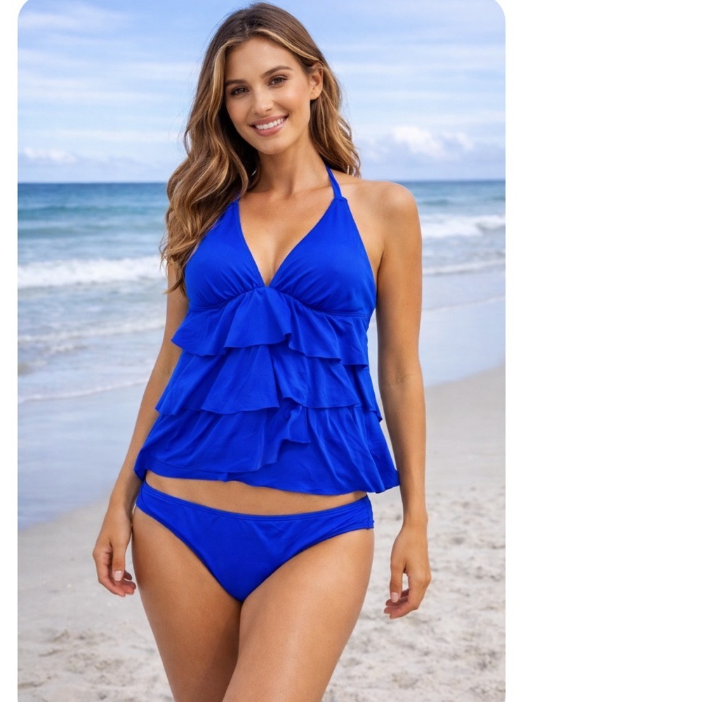 Kenneth Cole Reaction Blue/Purple Ruffle Tiered Tankini Swim Suit Size XL